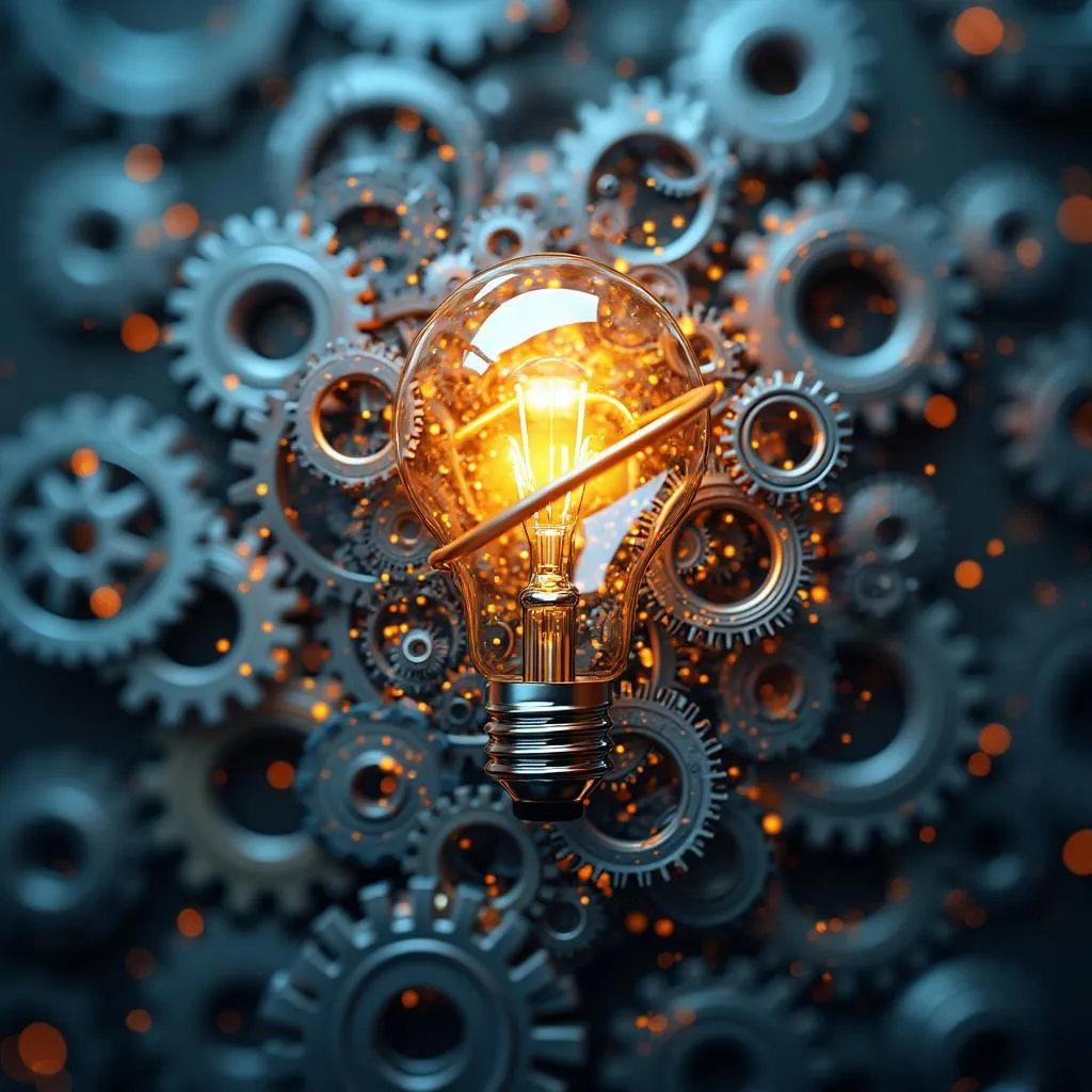 Innovación conceptual con bombilla y engranajes